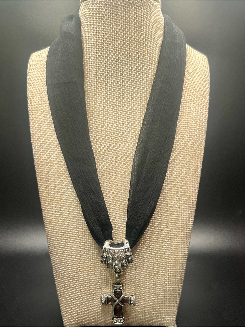 Vintage Rhinestone Cross Pendant Black Sheer Ribbon Statement Necklace. 16β